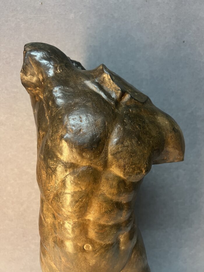 Epreuve en bronze à patine brun vert nuancé représentant le buste d'un homme dénudé et musclé, Antiquités et Brocante