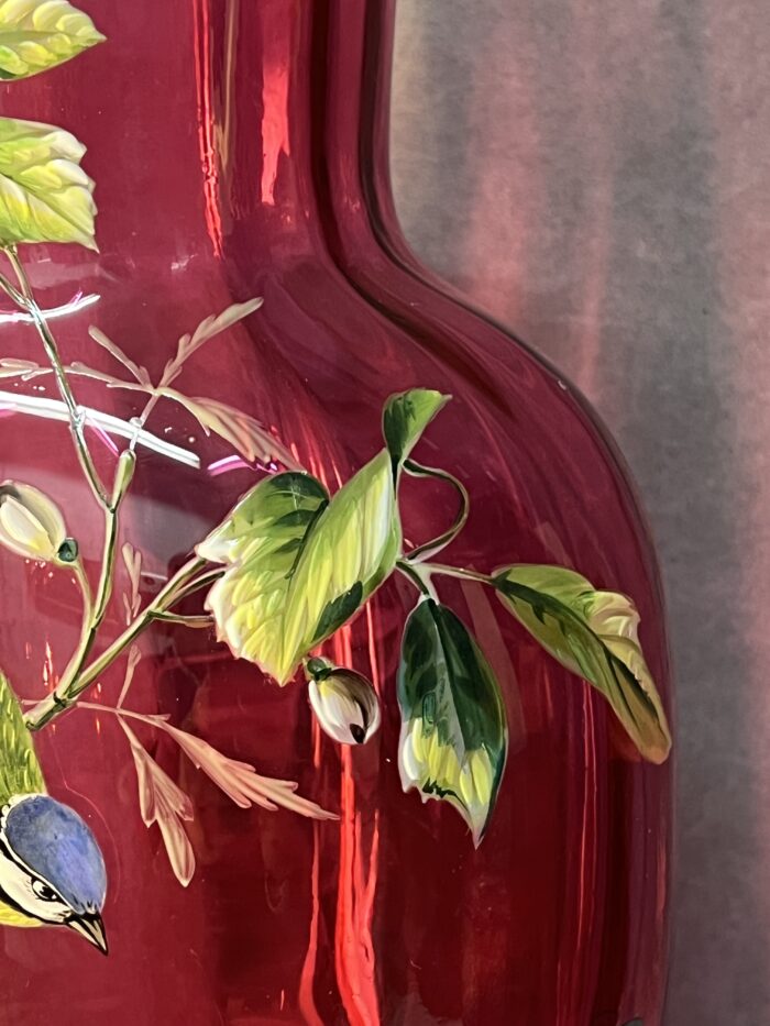 Rare vase en verre émaillé Legras Montjoye, décor mésange et florale