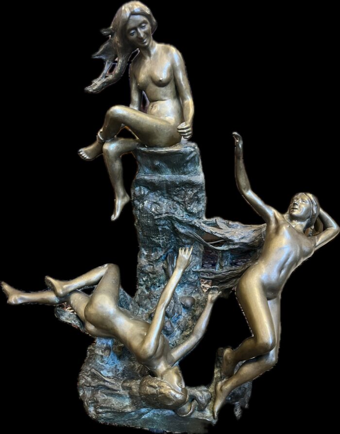 Très grande sculpture bronze art nouveau, femmes nues à la cascade