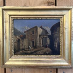 Tableau du XIXe siècle, huile sur toile, décor d’intérieur d’un village animés