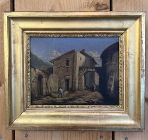 Tableau du XIXe siècle, huile sur toile, décor d’intérieur d’un village animés
