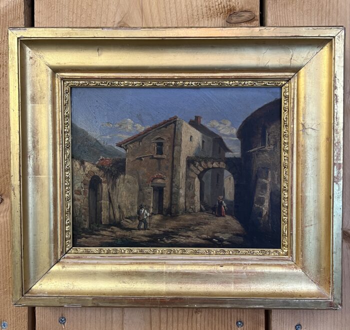 Tableau du XIXe siècle, huile sur toile, décor d’intérieur d’un village animés