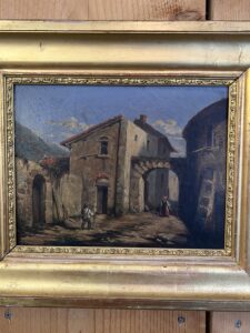 Tableau du XIXe siècle, huile sur toile, décor d’intérieur d’un village animés