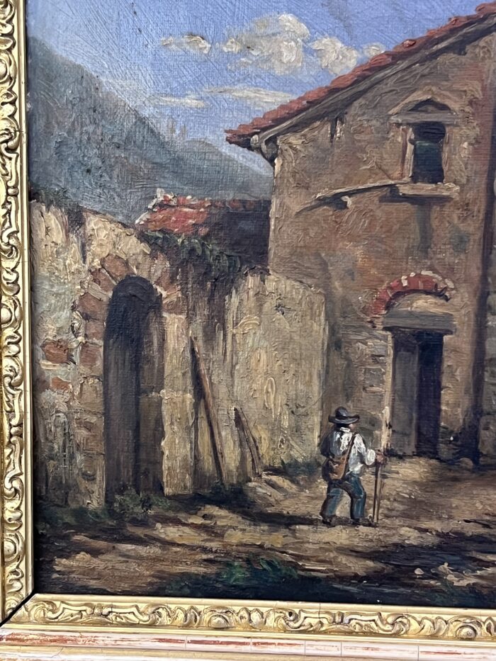 Tableau du XIXe siècle, huile sur toile, décor d’intérieur d’un village animés