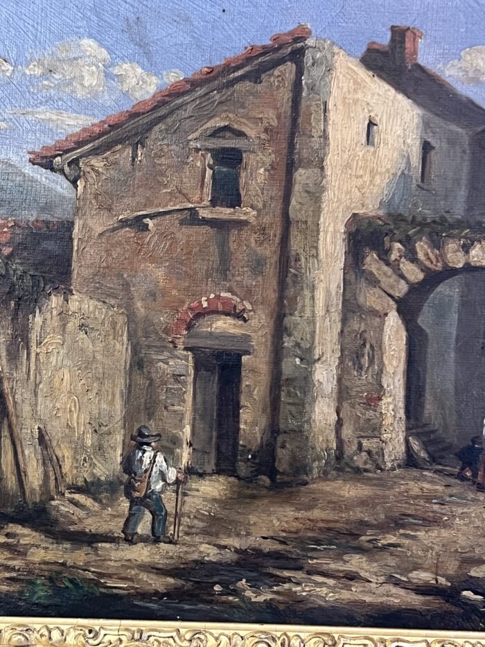 Tableau du XIXe siècle, huile sur toile, décor d’intérieur d’un village animés