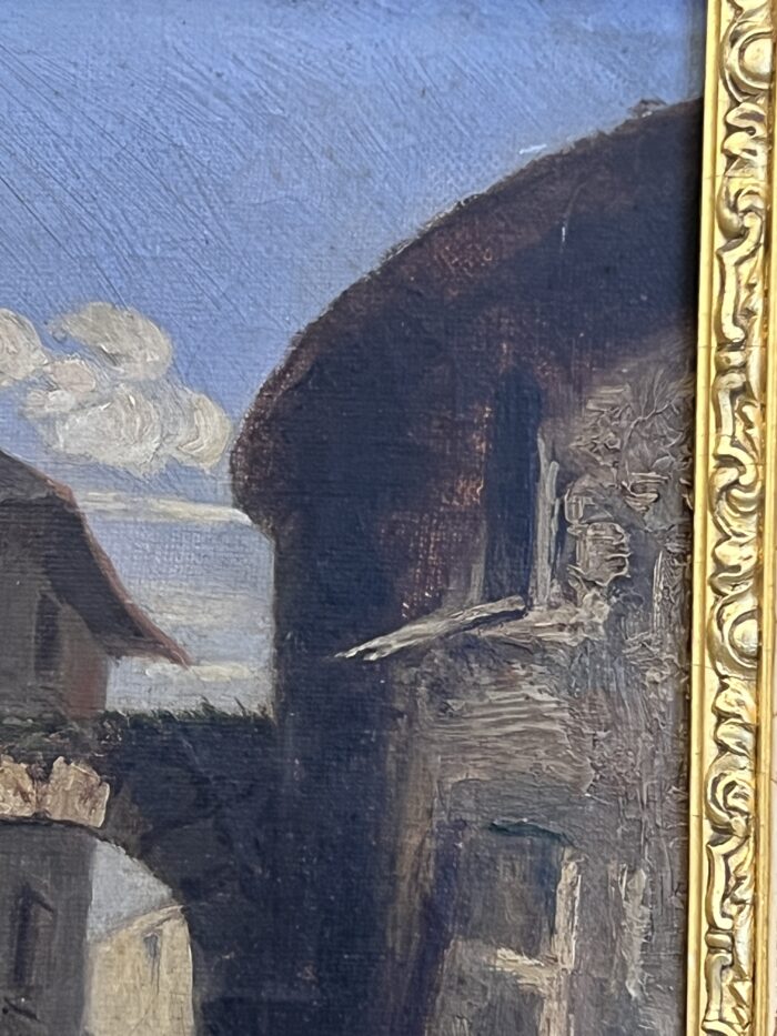 Tableau du XIXe siècle, huile sur toile, décor d’intérieur d’un village animés