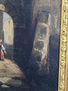 Tableau du XIXe siècle, huile sur toile, décor d’intérieur d’un village animés