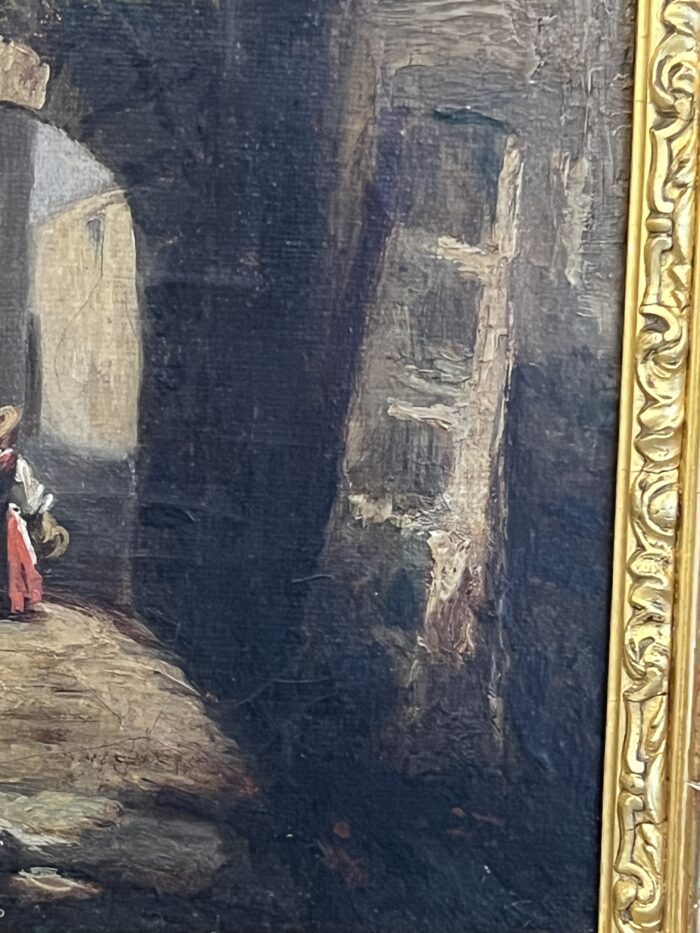 Tableau du XIXe siècle, huile sur toile, décor d’intérieur d’un village animés