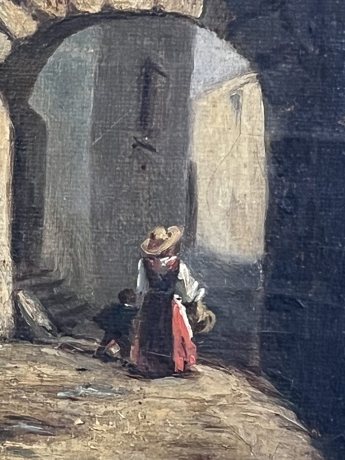 Tableau du XIXe siècle, huile sur toile, décor d’intérieur d’un village animés