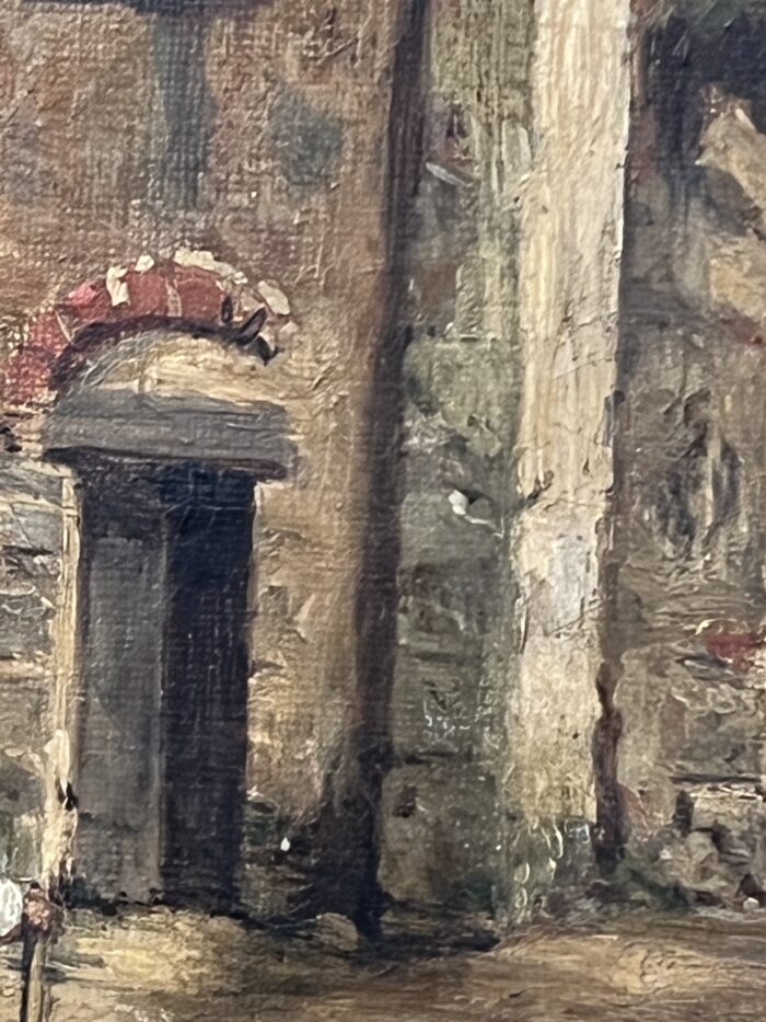 Tableau du XIXe siècle, huile sur toile, décor d’intérieur d’un village animés