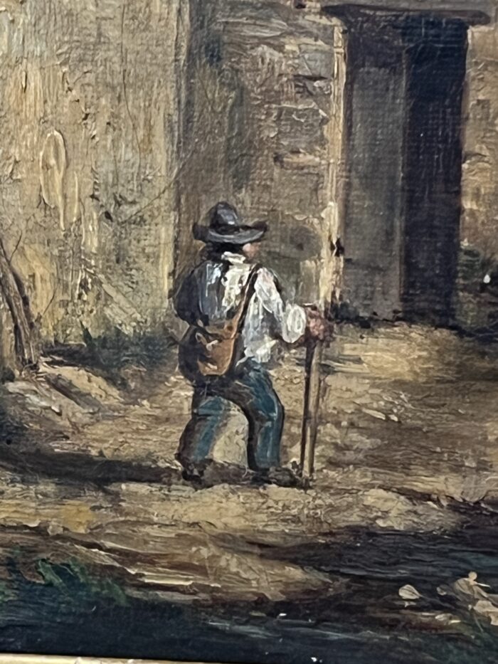 Tableau du XIXe siècle, huile sur toile, décor d’intérieur d’un village animés