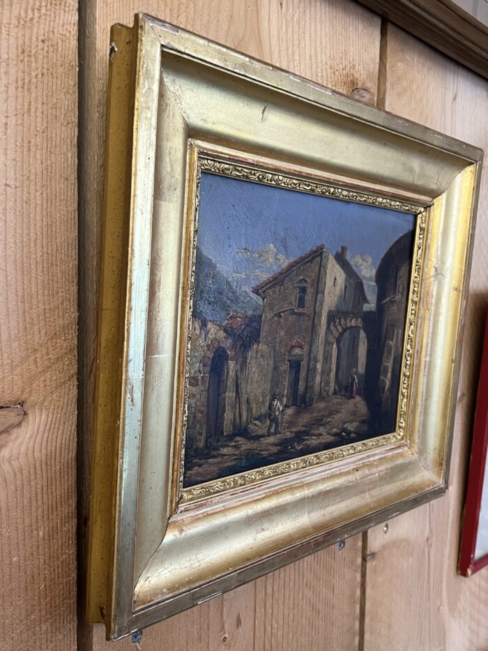 Tableau du XIXe siècle, huile sur toile, décor d’intérieur d’un village animés
