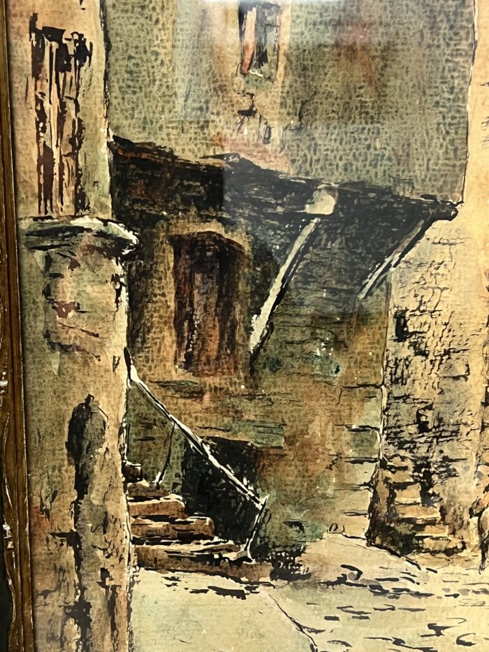 Aquarelle de Emile Gudin (1874-1957), rue de Riez, ville du sud