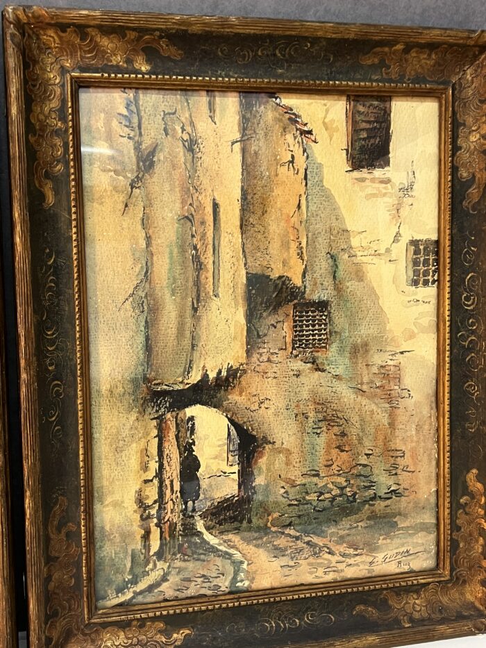 Aquarelle de Emile Gudin (1874-1957), rue de Riez, ville du sud