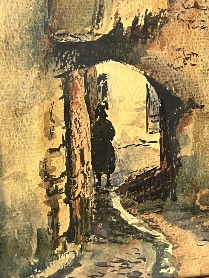 Aquarelle de Emile Gudin (1874-1957), rue de Riez, ville du sud