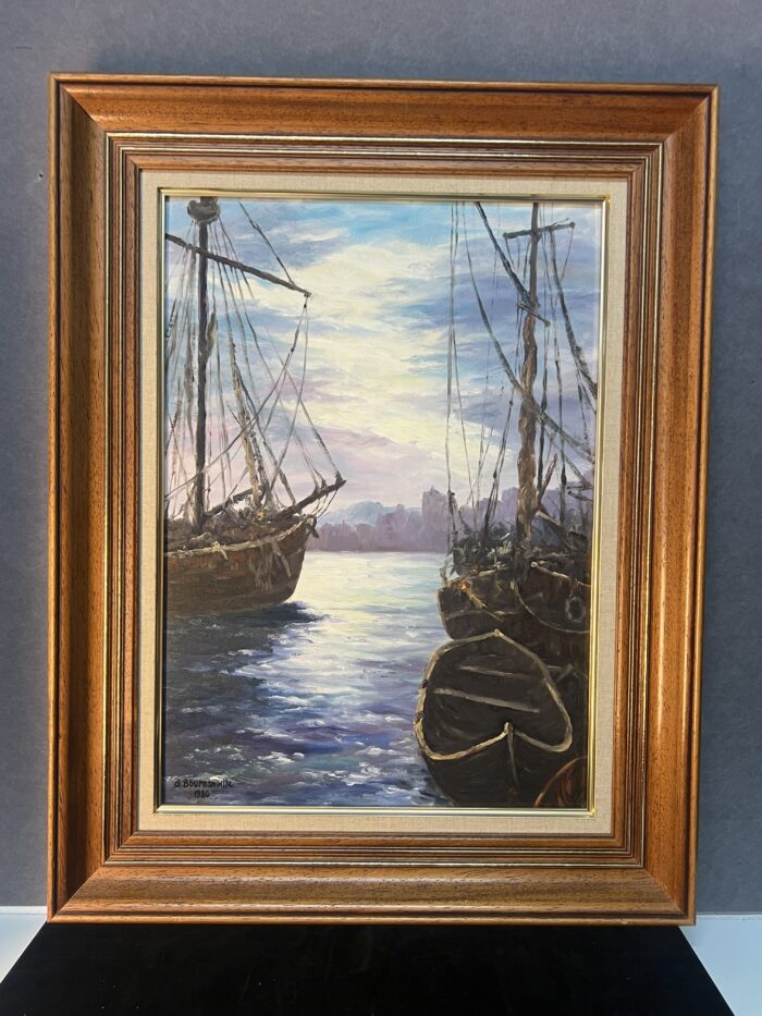 Tableau signé G. Bournonville et daté 1986, huile sur carton, bateaux à quai