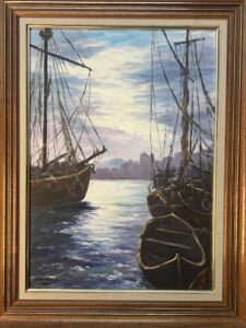 Tableau signé G. Bournonville et daté 1986, huile sur carton, bateaux à quai