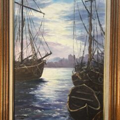 Tableau signé G. Bournonville et daté 1986, huile sur carton, bateaux à quai