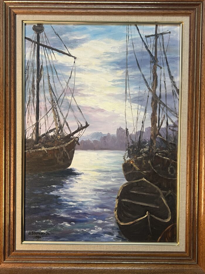 Tableau signé G. Bournonville et daté 1986, huile sur carton, bateaux à quai