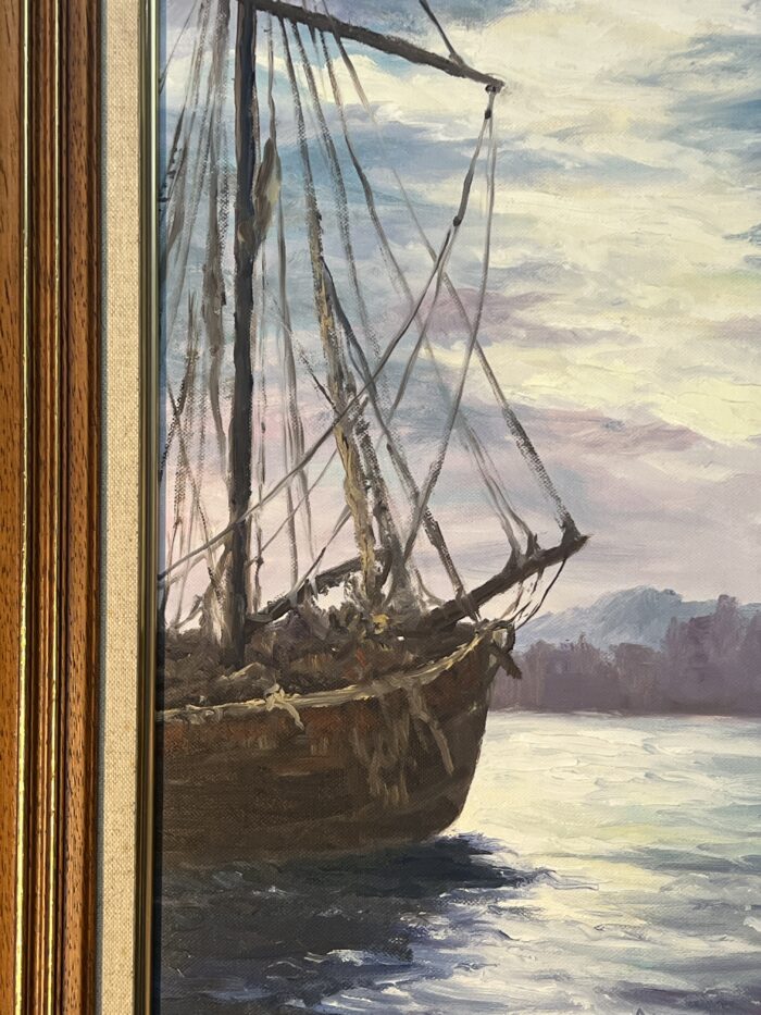 Tableau signé G. Bournonville et daté 1986, huile sur carton, bateaux à quai