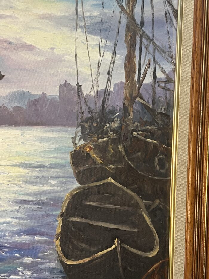 Tableau signé G. Bournonville et daté 1986, huile sur carton, bateaux à quai