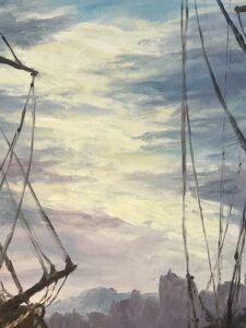 Tableau signé G. Bournonville et daté 1986, huile sur carton, bateaux à quai