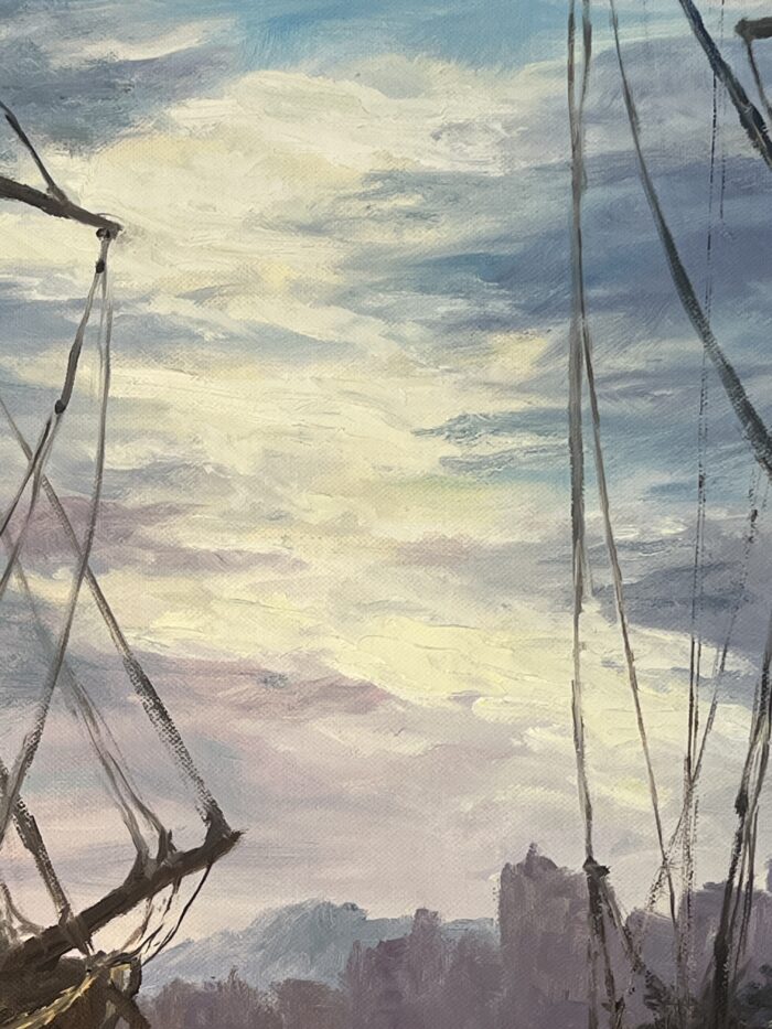 Tableau signé G. Bournonville et daté 1986, huile sur carton, bateaux à quai