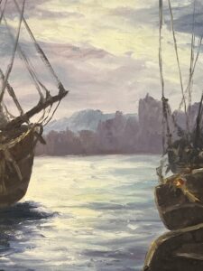 Tableau signé G. Bournonville et daté 1986, huile sur carton, bateaux à quai