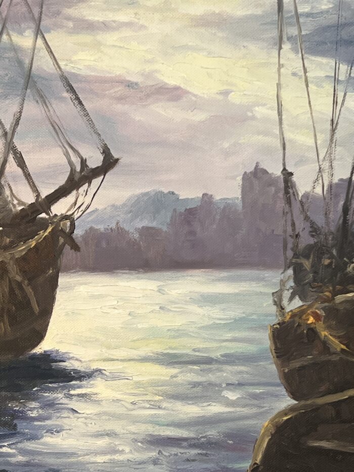 Tableau signé G. Bournonville et daté 1986, huile sur carton, bateaux à quai