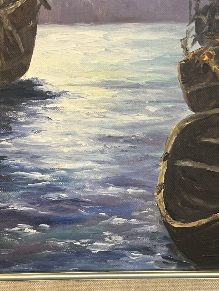 Tableau signé G. Bournonville et daté 1986, huile sur carton, bateaux à quai