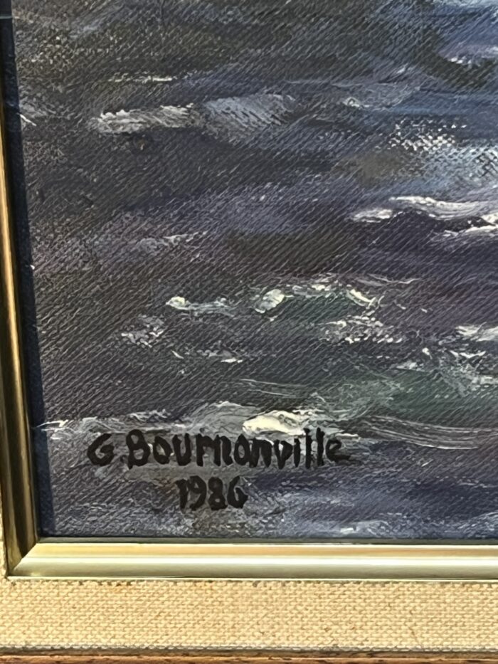 Tableau signé G. Bournonville et daté 1986, huile sur carton, bateaux à quai