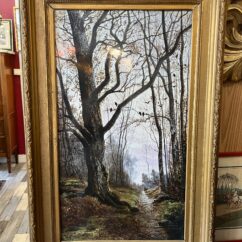 Mme Le MIRE, grand tableau peint sur panneau de faïence, daté 1919, étude d'arbres
