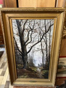 Mme Le MIRE, grand tableau peint sur panneau de faïence, daté 1919, étude d'arbres