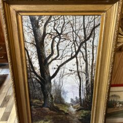 Mme Le MIRE, grand tableau peint sur panneau de faïence, daté 1919, étude d'arbres