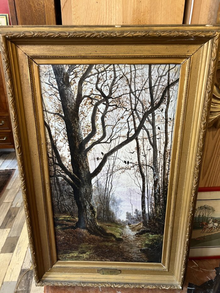 Mme Le MIRE, grand tableau peint sur panneau de faïence, daté 1919, étude d'arbres