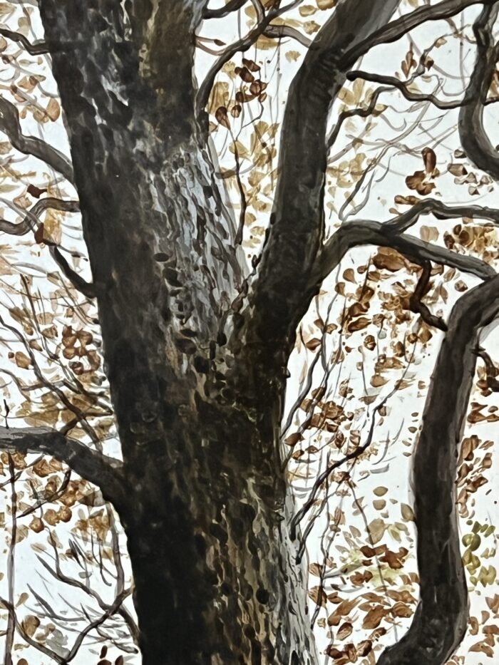 Mme Le MIRE, grand tableau peint sur panneau de faïence, daté 1919, étude d'arbres