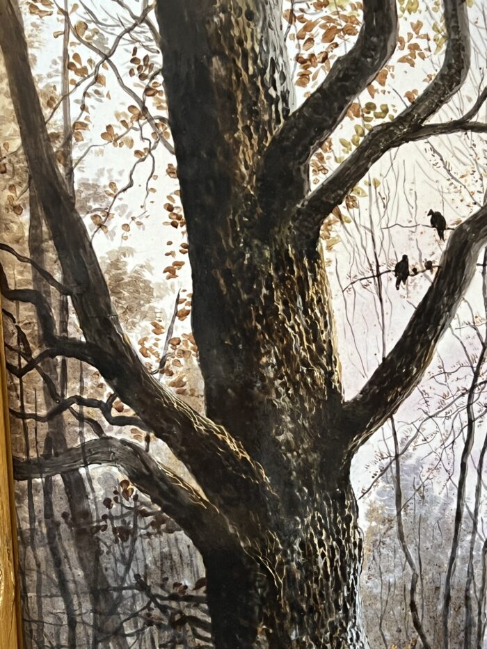 Mme Le MIRE, grand tableau peint sur panneau de faïence, daté 1919, étude d'arbres