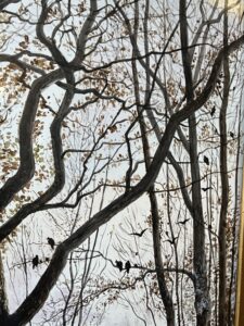 Mme Le MIRE, grand tableau peint sur panneau de faïence, daté 1919, étude d'arbres