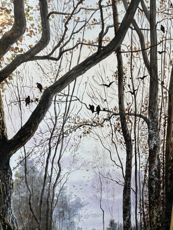 Mme Le MIRE, grand tableau peint sur panneau de faïence, daté 1919, étude d'arbres