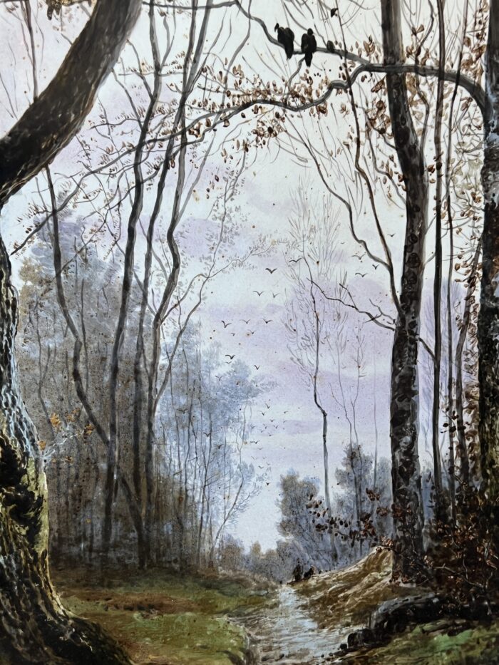 Mme Le MIRE, grand tableau peint sur panneau de faïence, daté 1919, étude d'arbres
