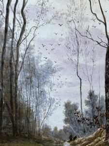 Mme Le MIRE, grand tableau peint sur panneau de faïence, daté 1919, étude d'arbres