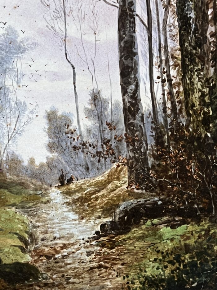 Mme Le MIRE, grand tableau peint sur panneau de faïence, daté 1919, étude d'arbres
