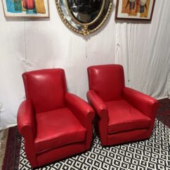 Paire de fauteuils Club en cuir de couleur rouge, original circa 1930/40
