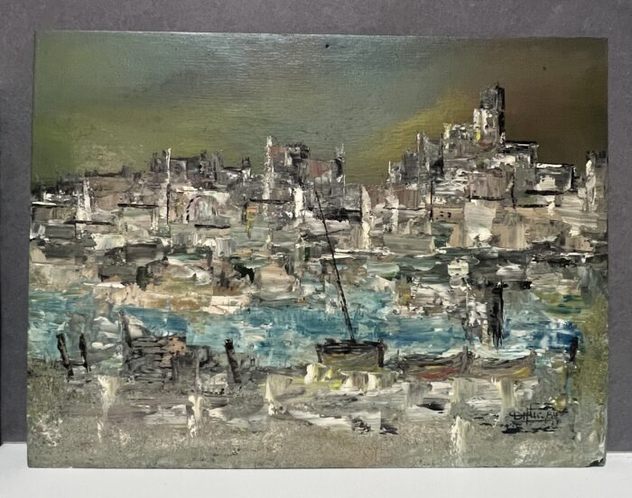 Huile sur carton impressionniste représentant un port, signée en bas à droite