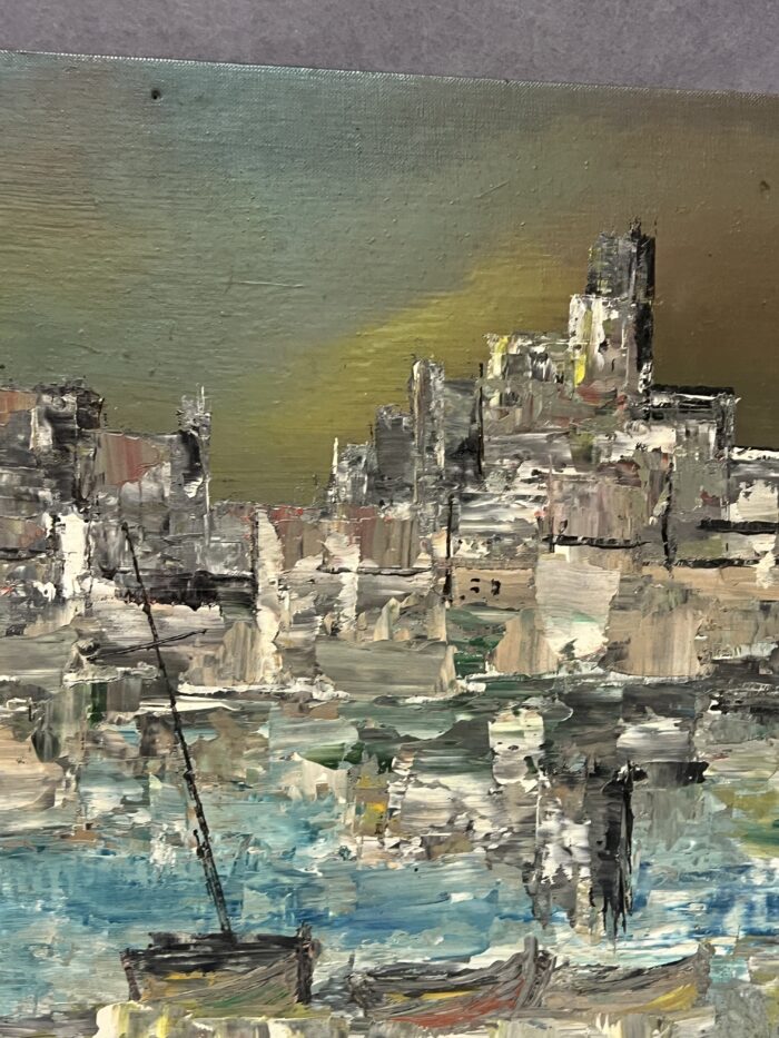 Huile sur carton impressionniste représentant un port, signée en bas à droite