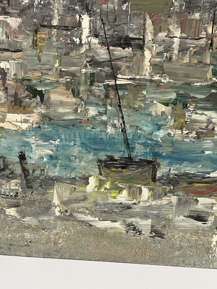 Huile sur carton impressionniste représentant un port, signée en bas à droite