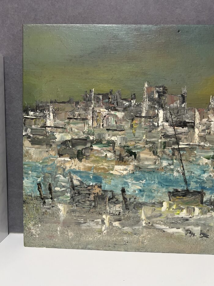Huile sur carton impressionniste représentant un port, signée en bas à droite