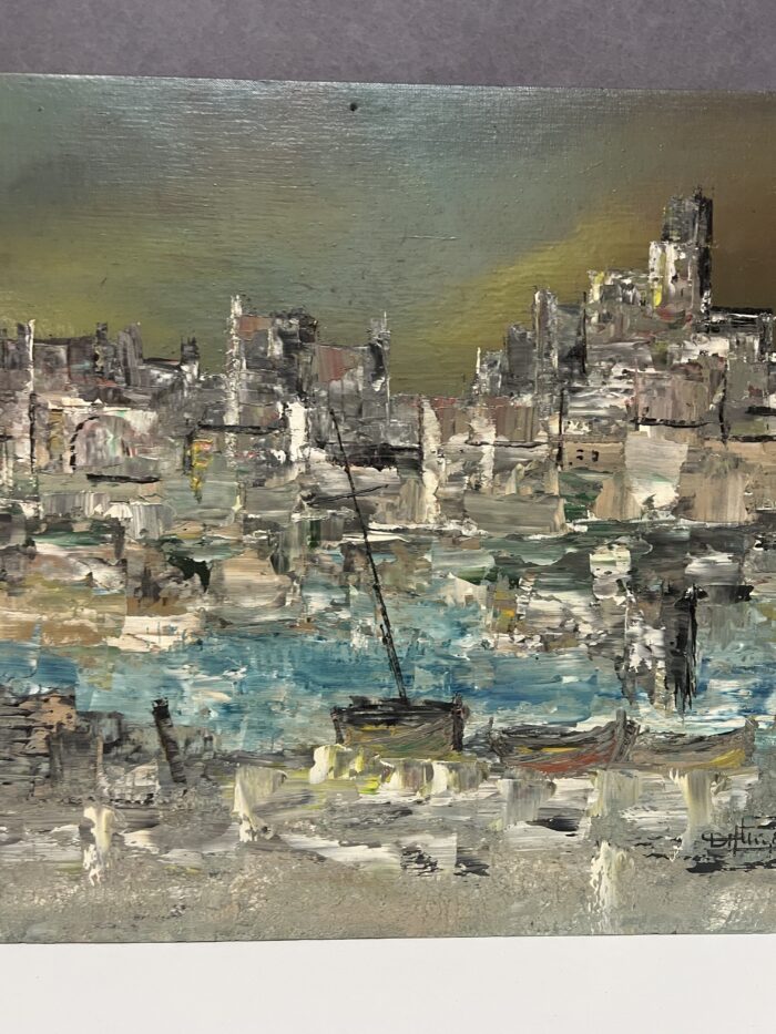 Huile sur carton impressionniste représentant un port, signée en bas à droite