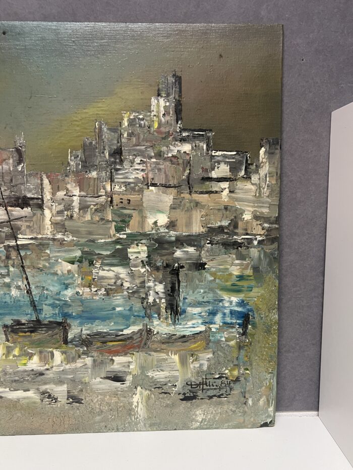 Huile sur carton impressionniste représentant un port, signée en bas à droite