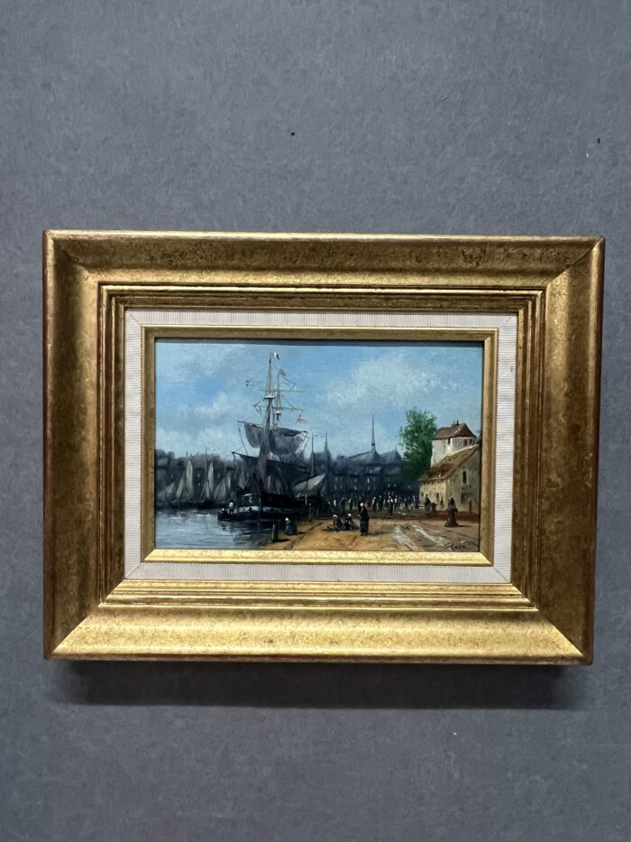 Huile sur toile de Gérard Roux né en 1946, représentant le port de Honfleur. Une œuvre marine authentique au charme intemporel, signée de l'artiste.